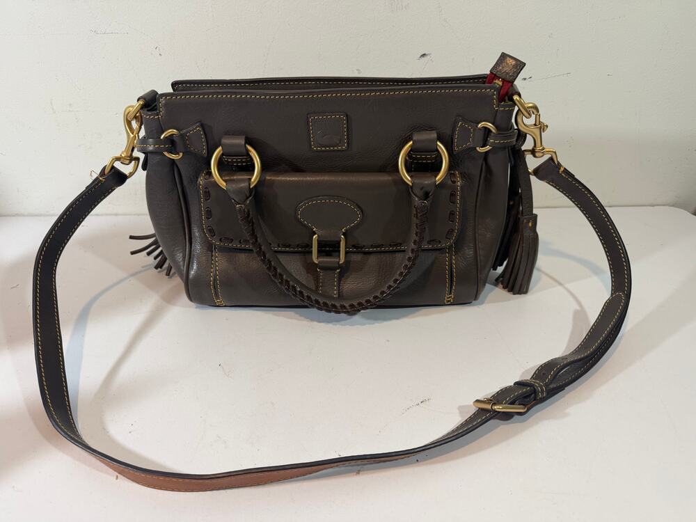 Dooney & Bourke gray/brown Leather Satchel Handbag with Tassels